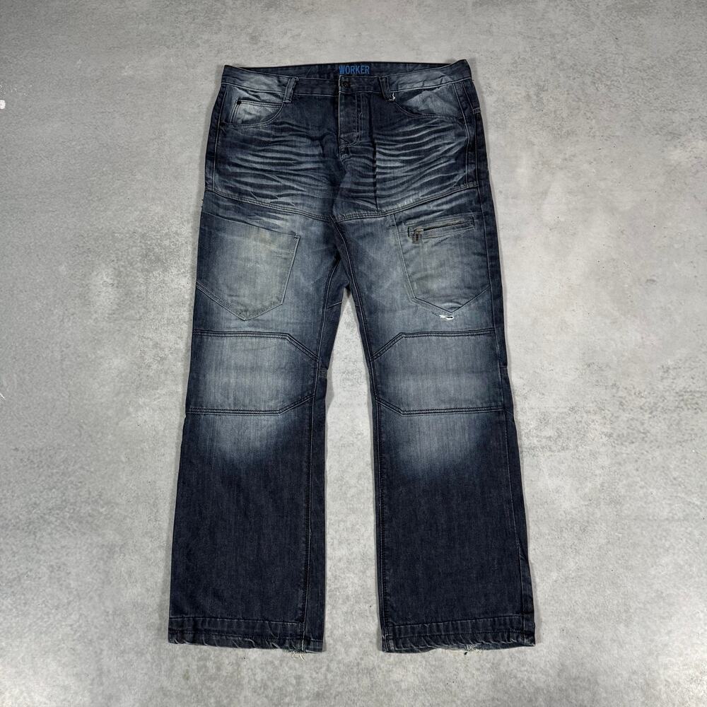Worker Utility Wide Leg Denim Jeans Dark Wash - Size: W40 L34